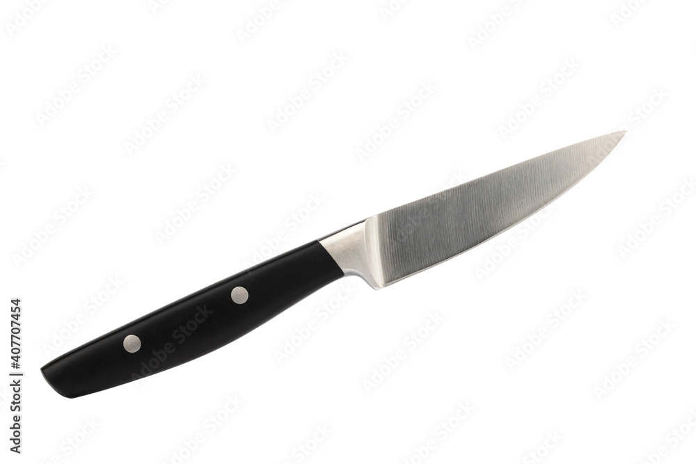stainless steel paring knife with black plastic handle, insulated on white background stainless steel paring knife with black plastic handle, insulated on white background