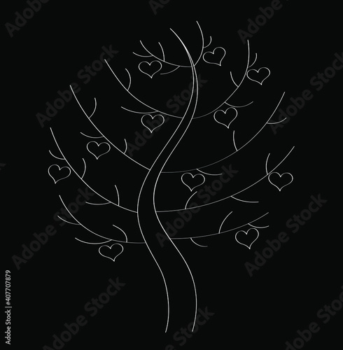 A tree with hearts is drawn in the style of doodle, a sample for a card for Valentine's Day. Web saver for a romantic template, love in nature.