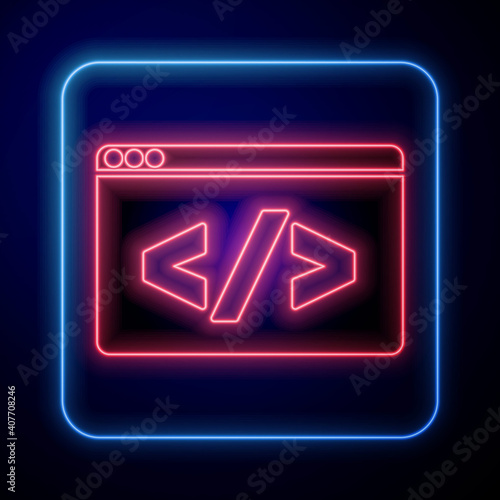 Fotografie, Obraz Glowing neon Web design and front end development icon isolated on blue background