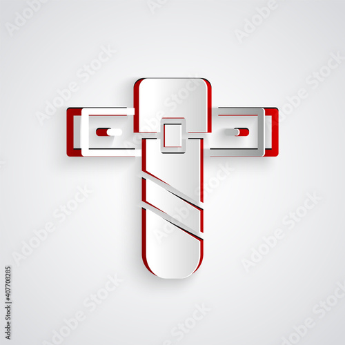 Paper cut Knife holster icon isolated on grey background. Paper art style. Vector.