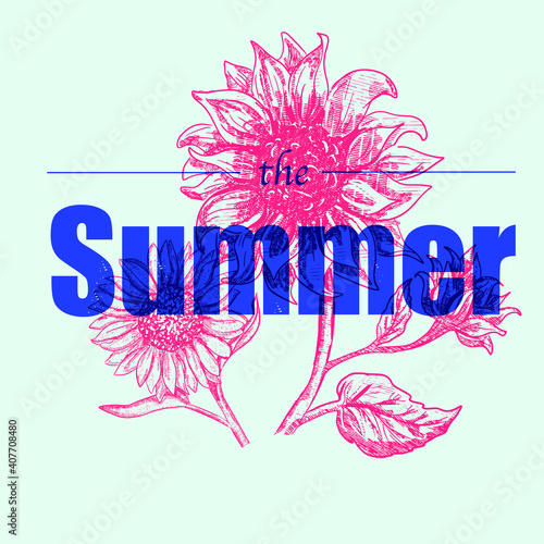 Overprinted sunflower engraved hand drawn style with text - summer