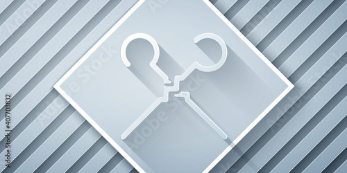 Paper cut BBQ skewers icon isolated on grey background. Meat kebab on skewer stick. Picnic with grilled meat. Paper art style. Vector.