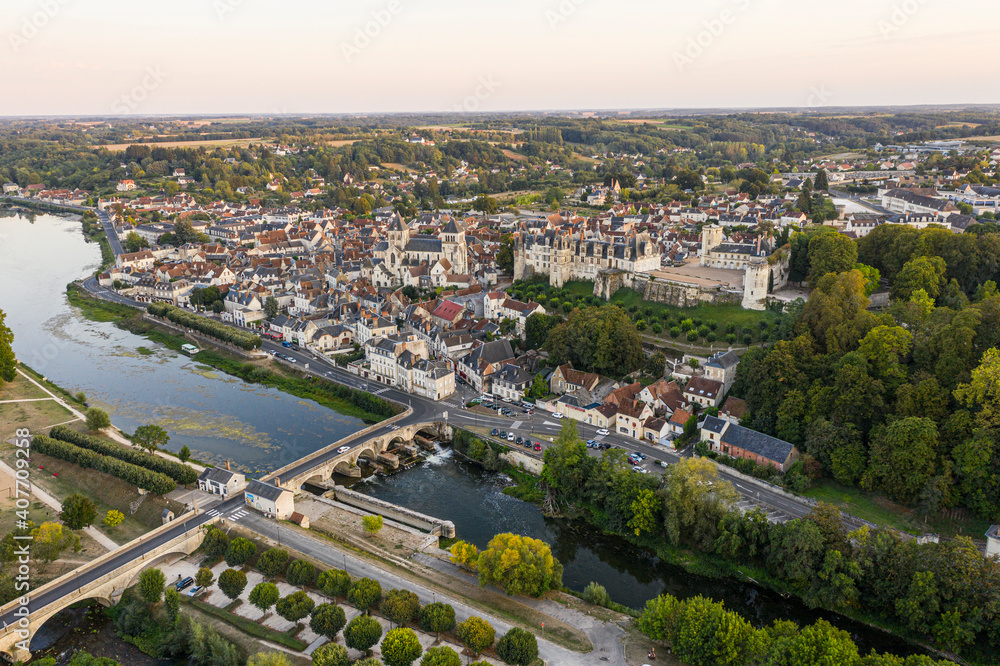 Aerial view of Saint-aignan-sur-cher, old castel and river the Cher, in the loir-et-cher
