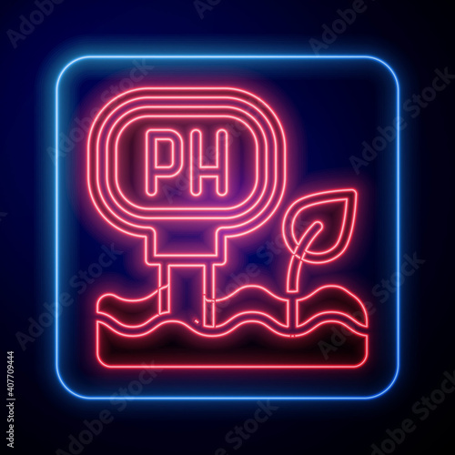 Glowing neon Soil ph testing icon isolated on blue background. PH earth test. Vector.