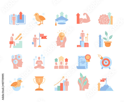 Colored vector icons set of personal growth and self development icons. Containing such icons as training, newbie, new idea, skill Improvement, meditation and others.