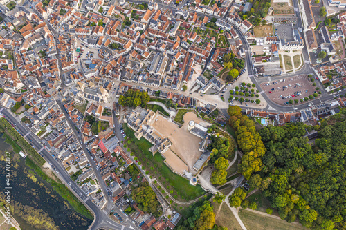 Aerial view of Saint-aignan-sur-cher, old castel and river the Cher, in the loir-et-cher