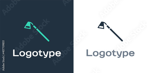 Logotype Garden hoe icon isolated on white background. Tool for horticulture, agriculture, farming. Logo design template element. Vector.