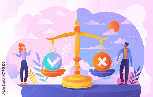 Pros and cons advantage comparison concept. Choice between positive and negative arguments for final decision. Benefits evaluation in brainstorming research. Flat cartoon vector illustration