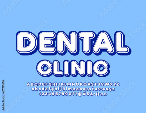 Vector health sign Dental Clinic. White and Blue trendy Font. Set of Alphabet Letters and Numbers