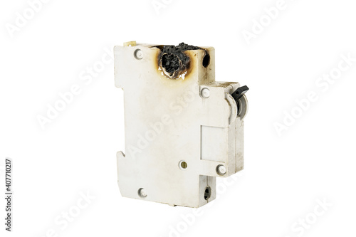 Gray burnt automatic fuse isolated on white background