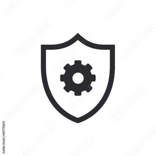 Shield icon. Security vector icon. Protection icon. Shield with cogwheel. Settings. Active safety. Guard badge. Cogwheel sign. Service symbol. Gear vector icon. Options sign. Protection settings. Gear