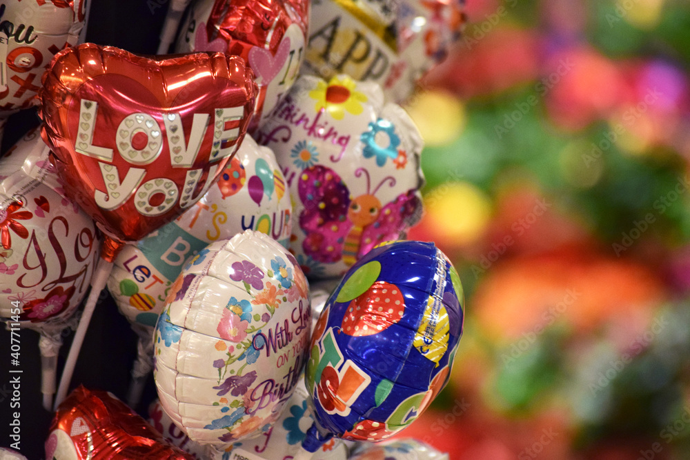 Valentine and Other Holiday or Celebration Balloons on Display in a Grocery Store