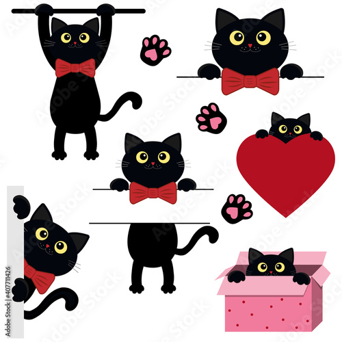 Set of cute black kittens in different poses for Valentine's Day, color vector isolated illustration in flat style, decor, design and decoration