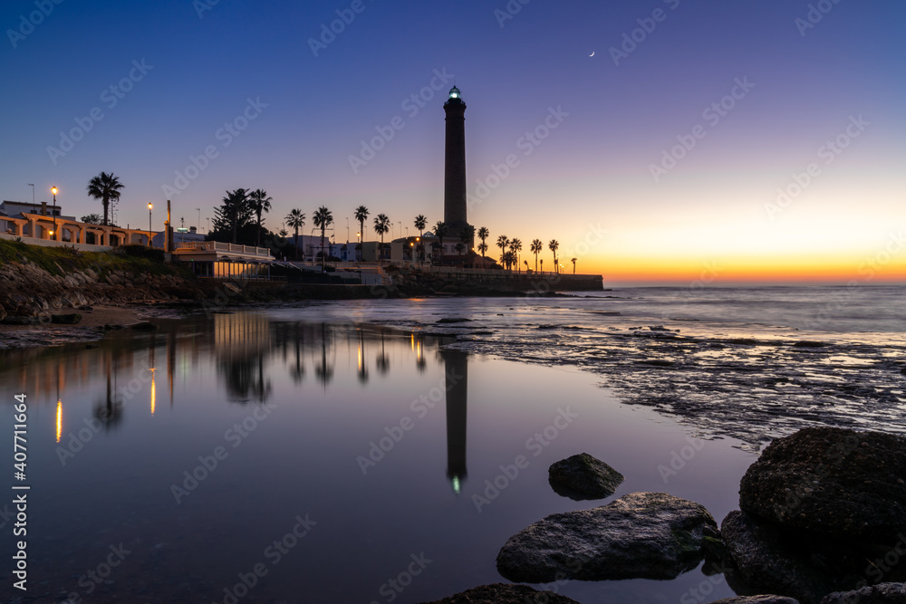 horizontal view of the Chipiona lighthouse in Andalusia at sunset