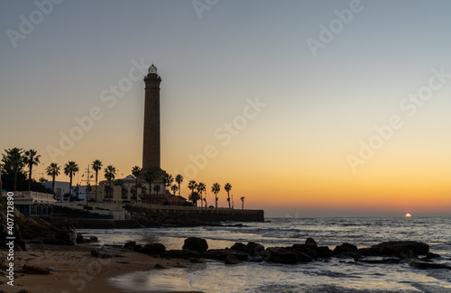 horizontal view of the Chipiona lighthouse in Andalusia at sunset