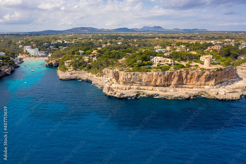 An aerial view on Cala Santanyí shoreline on Mallorca island in the Mediterranean Sea