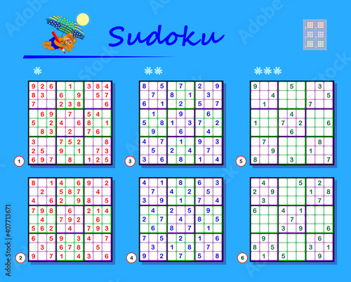 Set of Sudoku puzzles. Different levels. Logic game for children and adults. Play online. Memory training exercises for seniors.  Printable page for brain kids teaser book. IQ test.