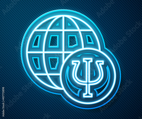 Glowing neon line Psychology icon isolated on blue background. Psi symbol. Mental health concept, psychoanalysis analysis and psychotherapy. Vector.