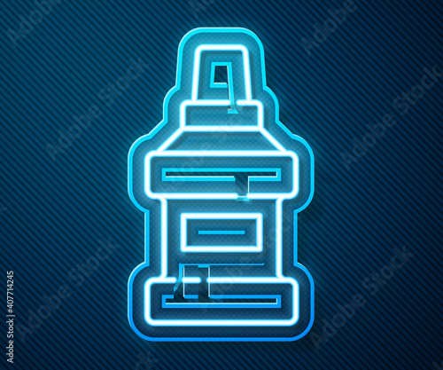 Glowing neon line Mouthwash plastic bottle icon isolated on blue background. Liquid for rinsing mouth. Oralcare equipment. Vector.