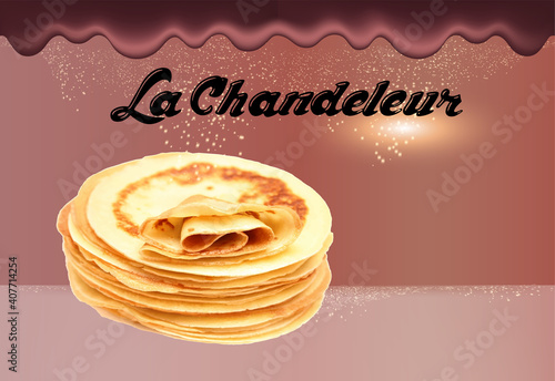 carte ou bandeau sur la chandeleur en noir avec des crêpes sur un fond marron beige et des scintillement