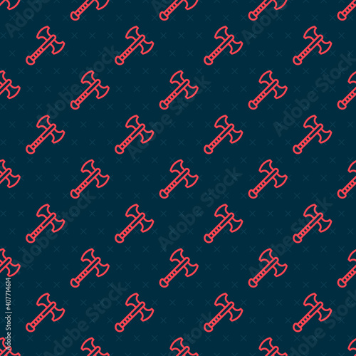 Red line War axe icon isolated seamless pattern on black background. Battle axe, executioner axe. Medieval weapon. Vector.