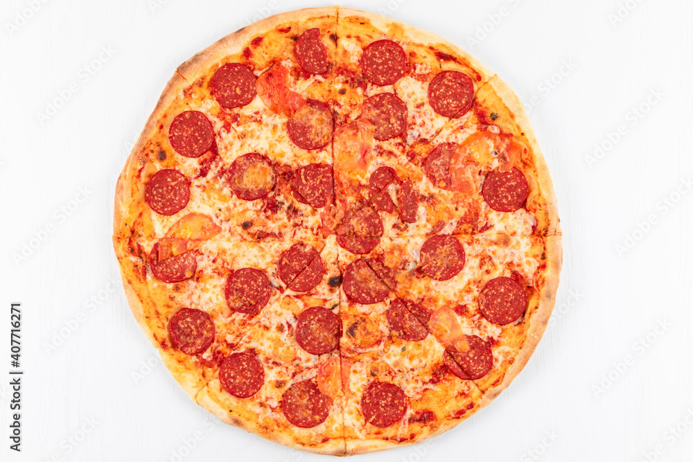 fresh aromatic hot italian pepperoni pizza with mozzarella cheese on white wooden table background fresh aromatic hot italian pepperoni pizza with mozzarella cheese on white wooden table background