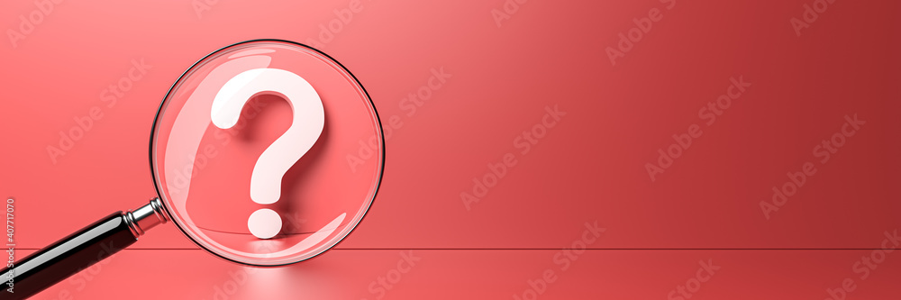 White question mark with magnifying glass on red background and empty copy space on right side. 3D Rendering White question mark with magnifying glass on red background and empty copy space on right side. 3D Rendering
