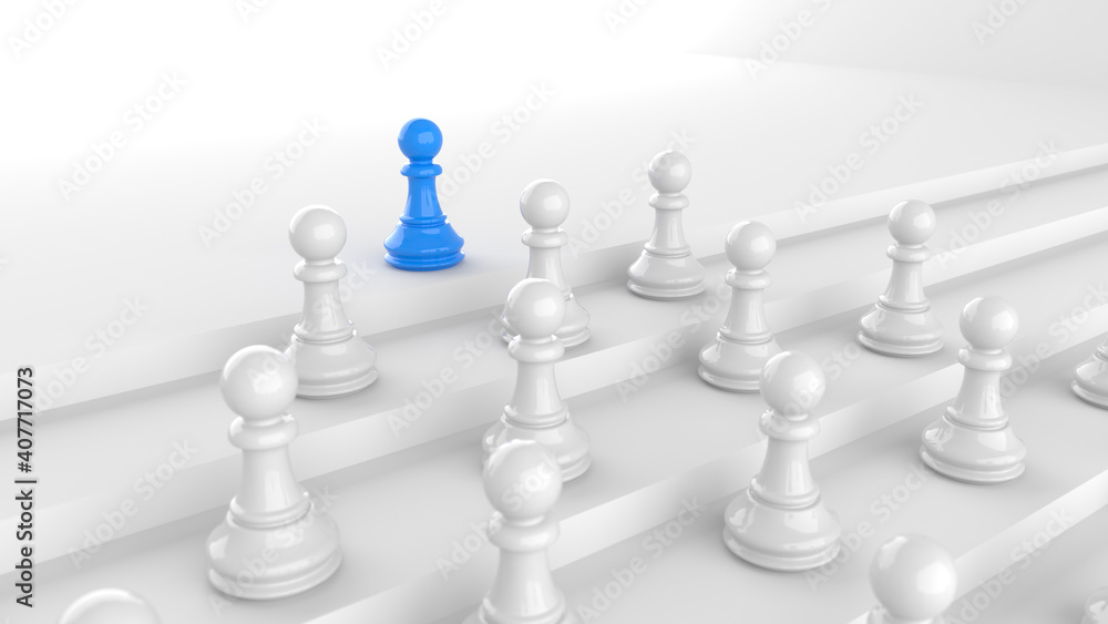 Leadership concept, blue pawn of chess, standing out from the crowd of whites. 3D Rendering