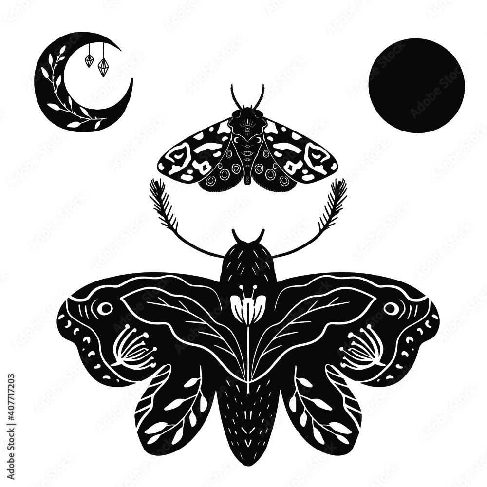 Mystic Moon moth linocut style card. Vector illustration hand drawn Mystic Moon moth linocut style card. Vector illustration hand drawn