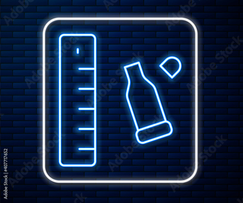 Glowing neon line Bullet casing as a piece of evidence placed with forensic ruler for documentation icon isolated on brick wall background. Concept of crime scene. Vector.