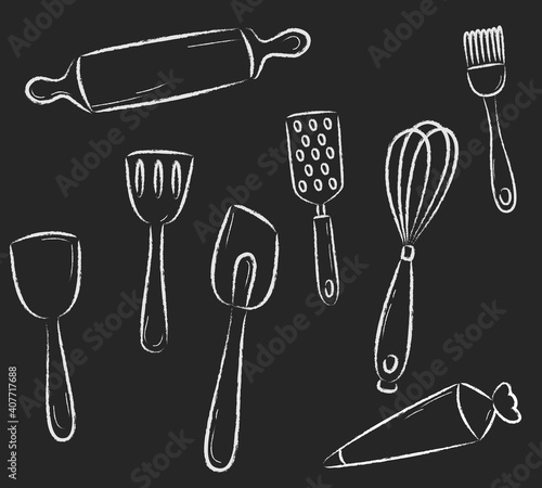 Chalk sketch of baking tools. Vector illustration of kitchen utensils
