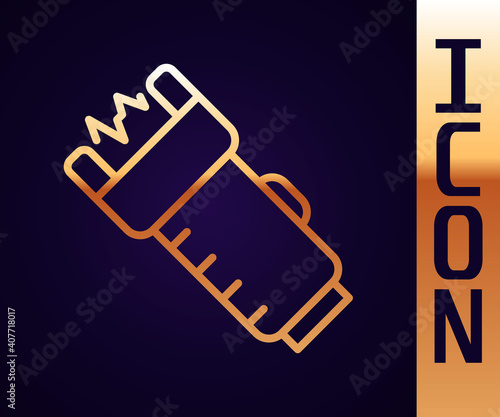 Gold line Police electric shocker icon isolated on black background. Shocker for protection. Taser is an electric weapon. Vector.