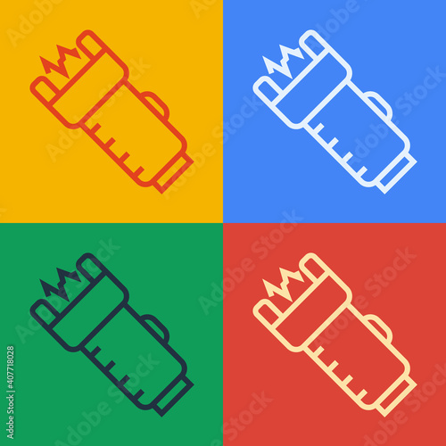 Pop art line Police electric shocker icon isolated on color background. Shocker for protection. Taser is an electric weapon. Vector.