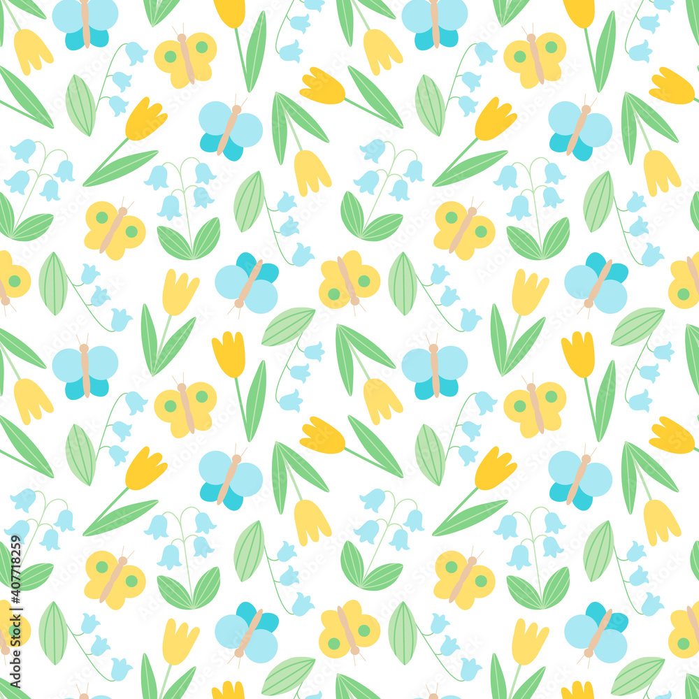 Seamless vector pattern on a spring theme. Bright floral background. Digital ornament with lilies of the valley, tulips and butterflies for wrapping paper, fabrics, web design, decoration, postcards. Seamless vector pattern on a spring theme. Bright floral background. Digital ornament with lilies of the valley, tulips and butterflies for wrapping paper, fabrics, web design, decoration, postcards.
