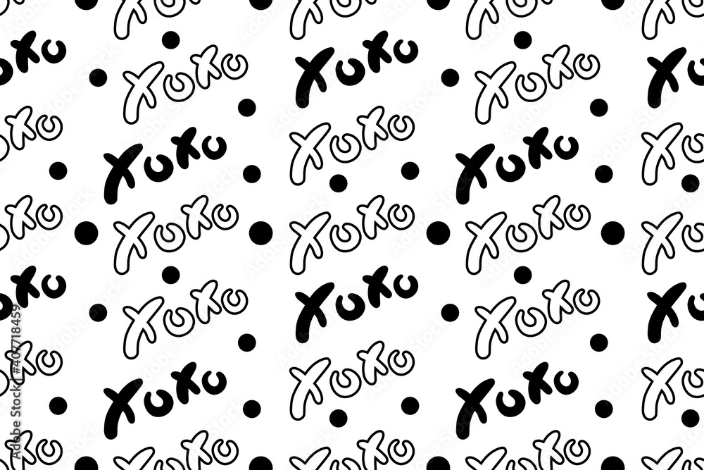 Vector abstract seamless XOXO pattern. White background with monochrome black outline letters. Trendy print design for textile, wrapping paper, hipster backdrops, fun concepts etc.