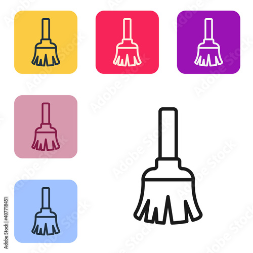 Black line Feather broom for cleaning icon isolated on white background. Feather duster. Set icons in color square buttons. Vector.