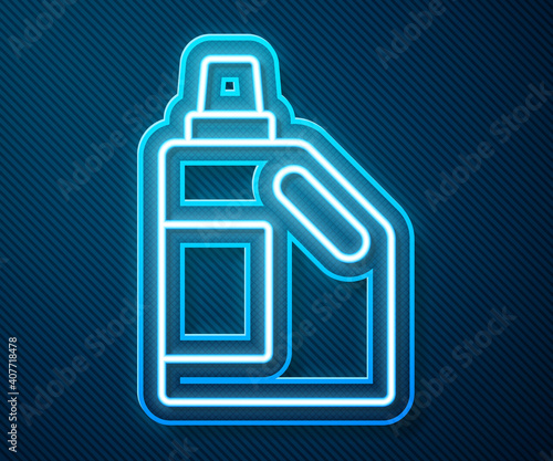 Glowing neon line Plastic bottle for laundry detergent, bleach, dishwashing liquid or another cleaning agent icon isolated on blue background. Vector.