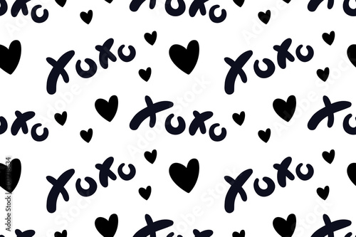Vector abstract seamless XOXO pattern. White background with monochrome black hearts and letters. Trendy print design for textile, wrapping paper, wedding backdrops, Valentine's Day concepts etc.