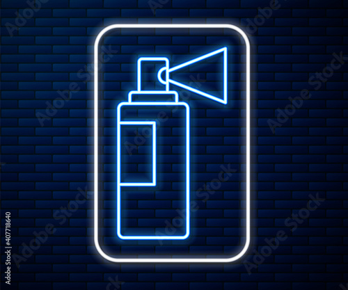 Glowing neon line Perfume icon isolated on brick wall background. Vector.
