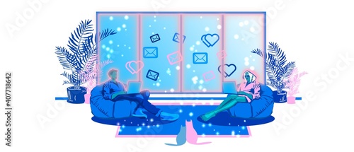 
Communication at a distance. International dating. Glowing silhouette of a man with a laptop.