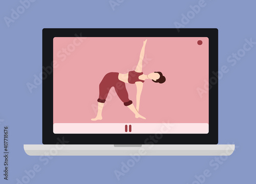 vector illustration - a laptop on the screen of which the girl is engaged in yoga. online yoga, sports on the Internet. trending flat illustration for websites, magazines, applications