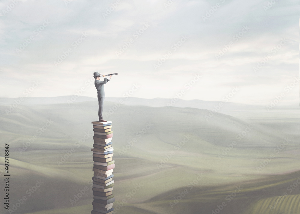 illustration of wise man with binoculars on the top of a tower of books, surreal concept - obrazy, fototapety, plakaty 