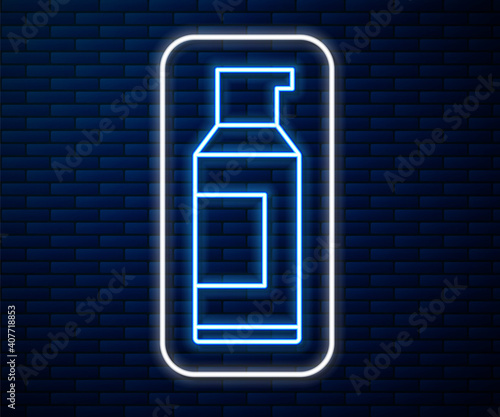 Glowing neon line Spray can for hairspray, deodorant, antiperspirant icon isolated on brick wall background. Vector.