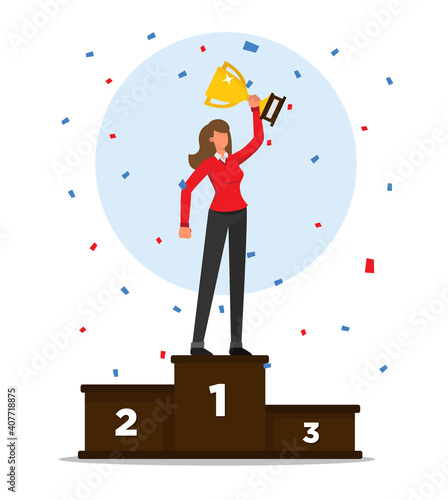 Woman on a podium celebrating victory holding his trophy with confetti