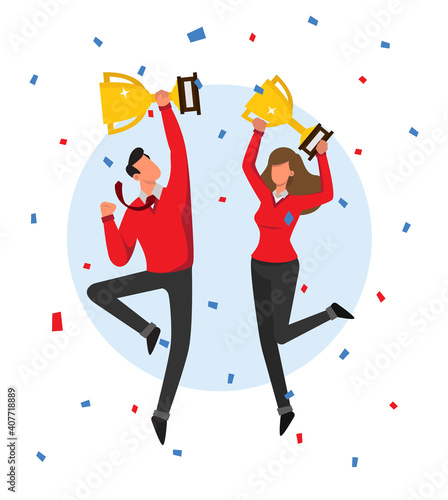 Man and woman jumping and celebrating victory holding his trophy