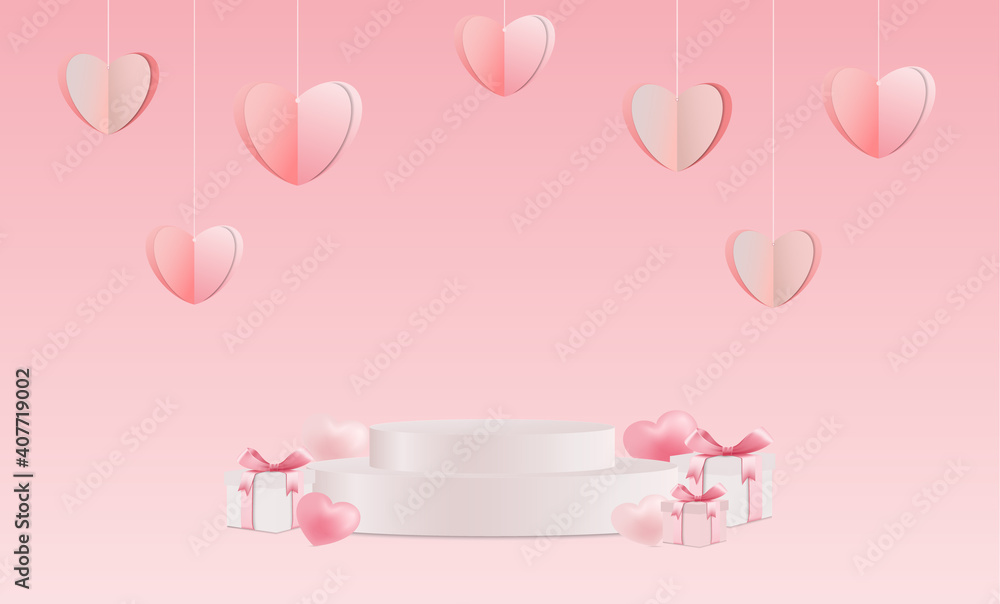 valentines day product stand with flying paper hearts, empty podiums mockup	
