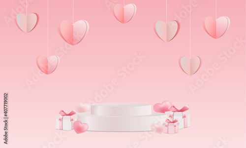 valentines day product stand with flying paper hearts, empty podiums mockup 