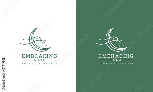 elegant crescent moon and star logo design line icon vector in luxury style outline linear, ramadan kareem, crescent moon and star illustration for background banner, abstract crescent moon logo
