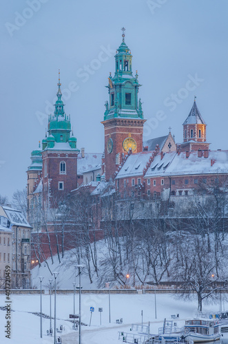 Krakow winter, Wawel Castle in the snow, Poland