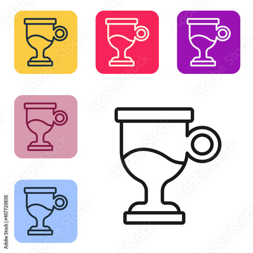 Black line Mulled wine with glass of drink and ingredients icon isolated on white background. Cinnamon stick, clove, lemon slice. Set icons in color square buttons. Vector.